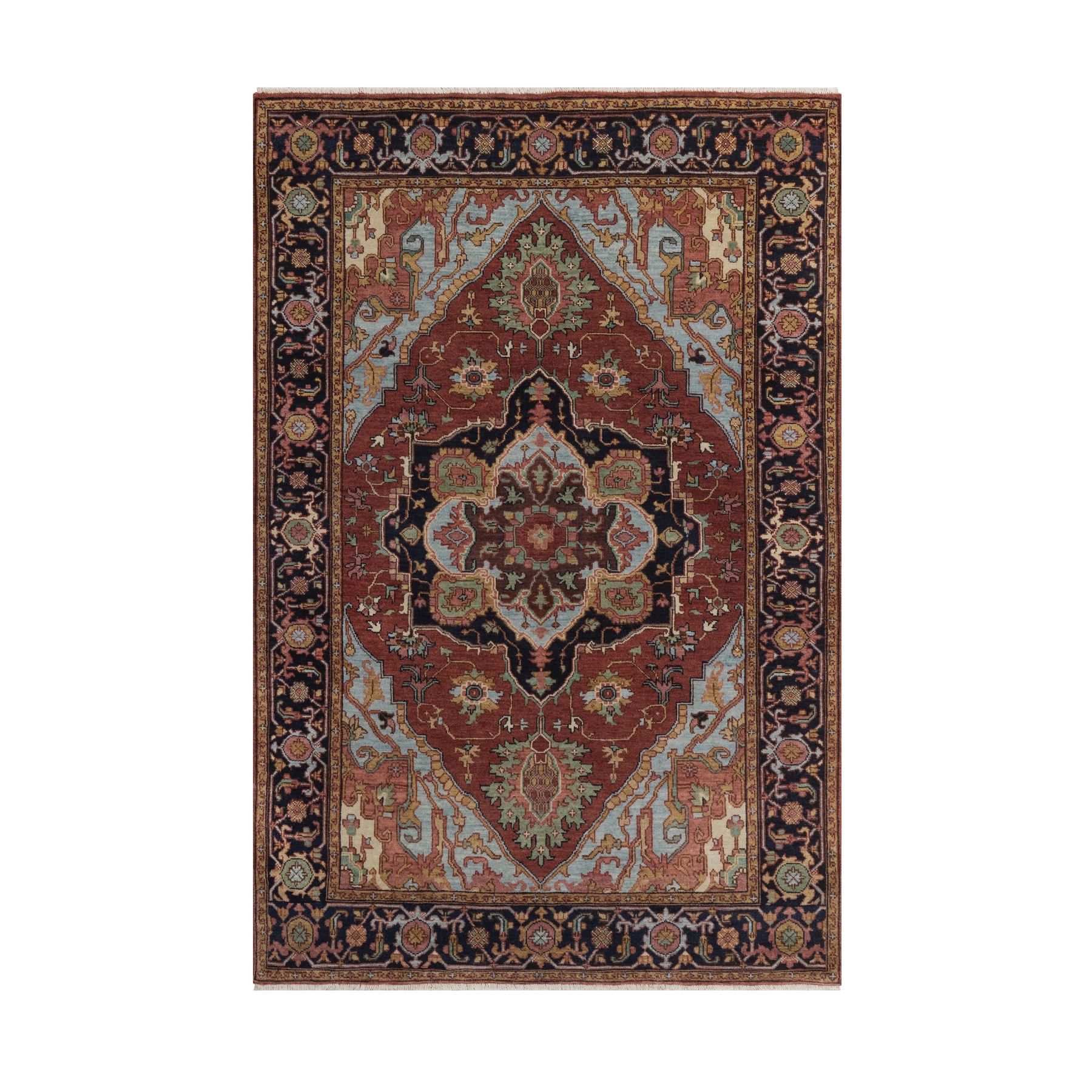 4'1"x6'1" Barn Red, Antiqued Fine Heriz Re-Creation, Medallion Design, Hand Knotted, Hand Spun New Zealand Wool, Vegetable Dyes, Denser Weave, Soft Pile, Oriental Rug 